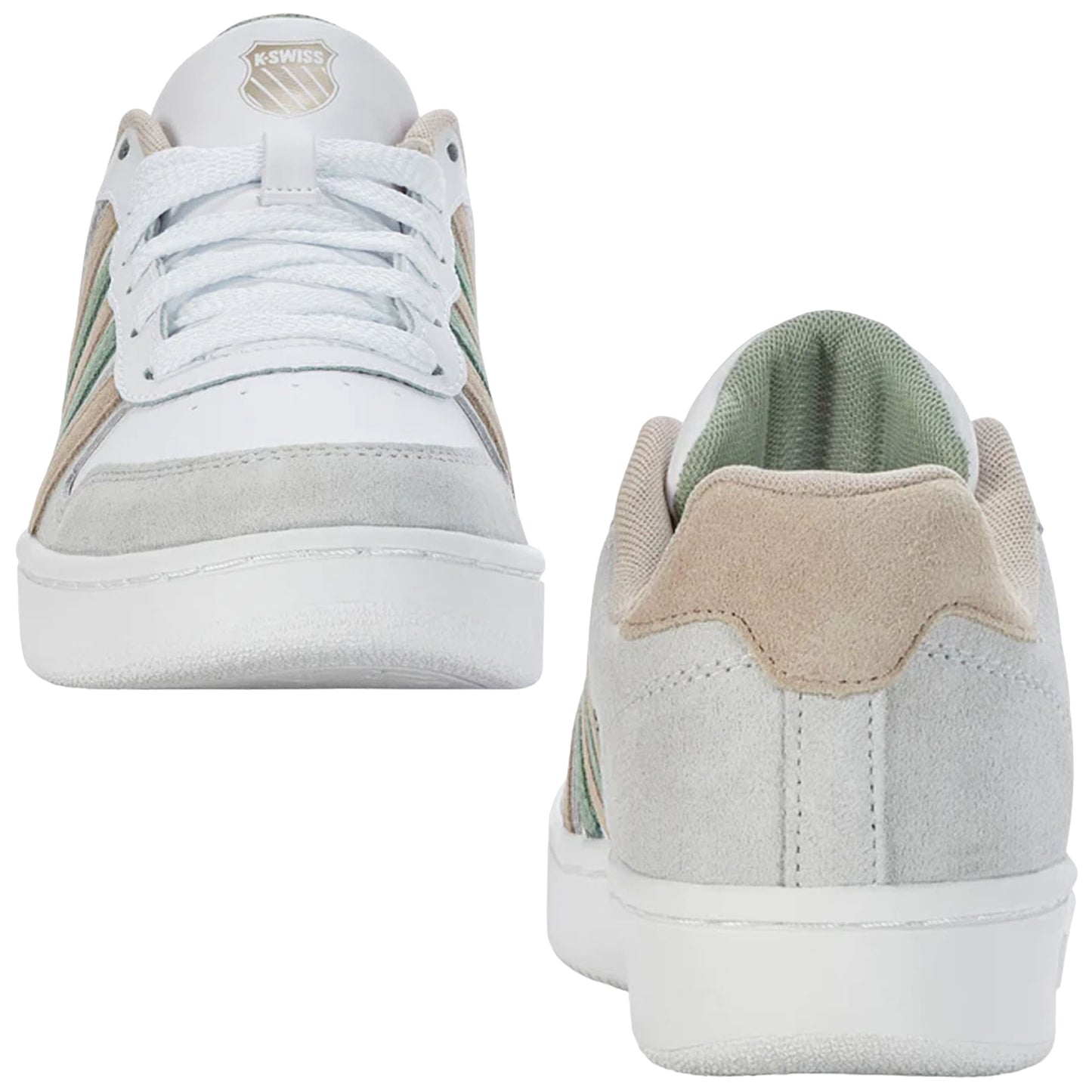 Sneakers are displayed with a white leather and gray suede exterior featuring green accents while positioned vertically against a neutral background highlighting their athletic design and casual appeal