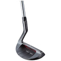 A golf putter is displayed at an angle showcasing its flat clubface and sleek metallic design ideal for striking a golf ball on a green putting surface.