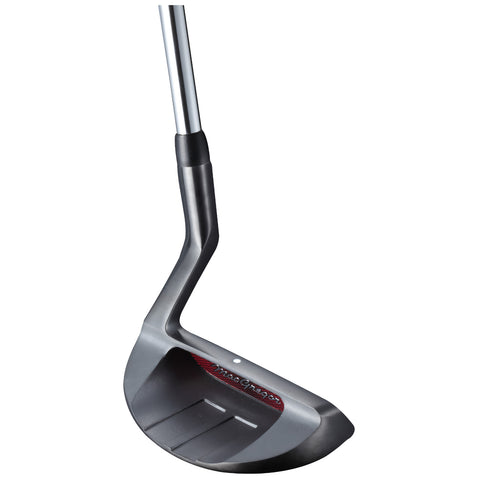 A golf putter is displayed at an angle showcasing its flat clubface and sleek metallic design ideal for striking a golf ball on a green putting surface.