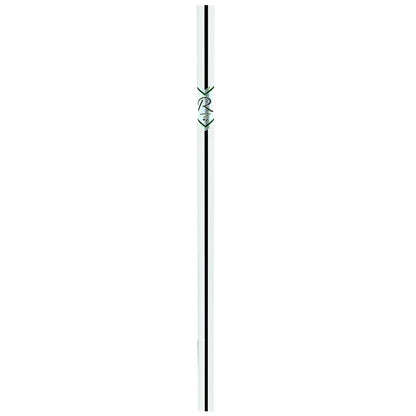 A slender metallic straw stands upright against a plain white background displaying a logo and green accents with a minimalist design emphasizing its sleek form and functionality.