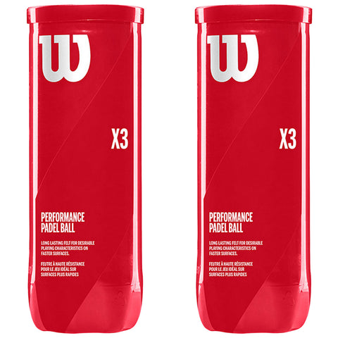 Red cylindrical containers of padel balls display the brand logo and product information including "X3" and "Performance Padel Ball" highlighting long-lasting felt and durable playing characteristics for fast surfaces.