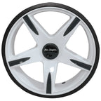 A white golf club wheel with six spokes is displayed prominently featuring a black center with the name Ben Sayers visible and a black rubber tire surrounding its edge.