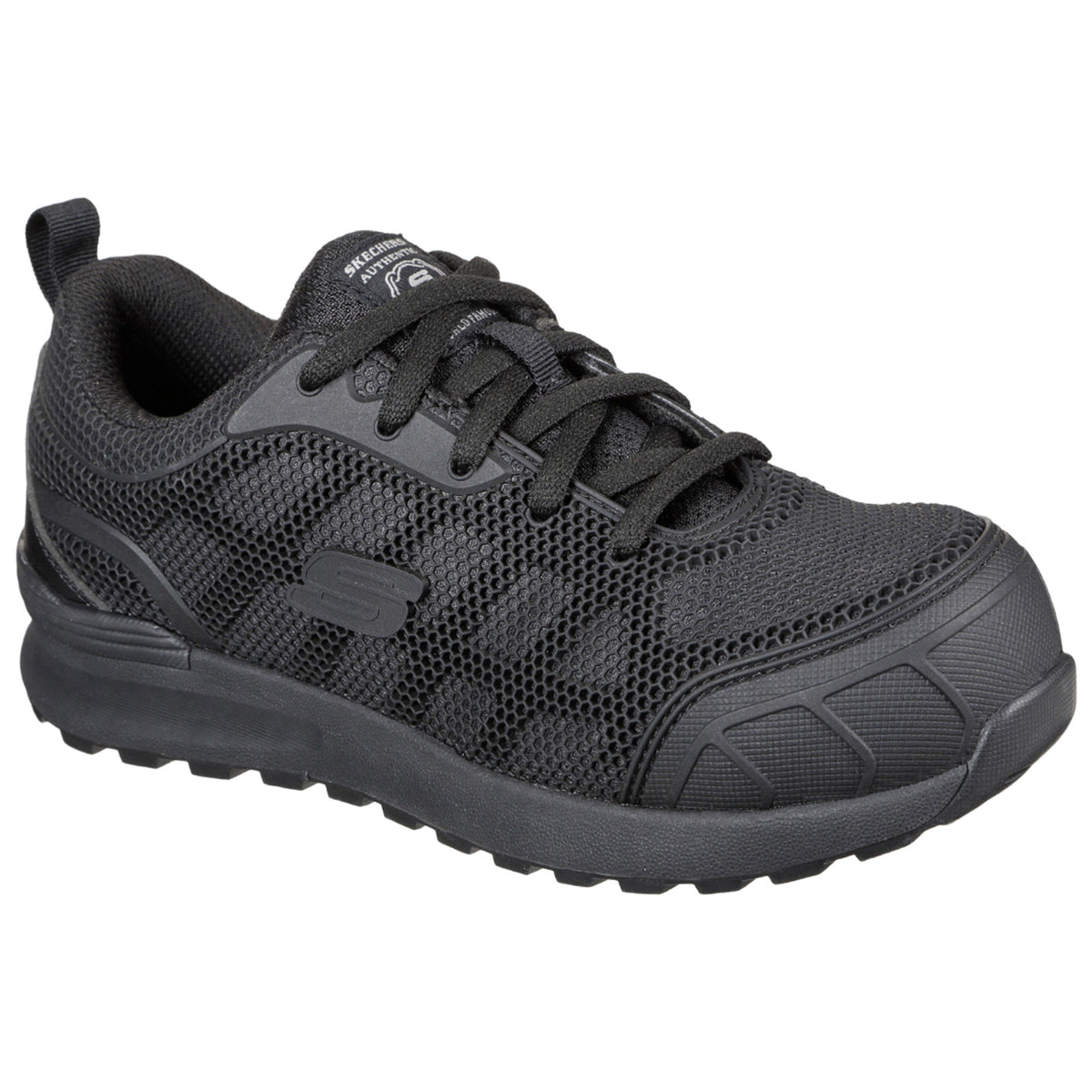 A black athletic shoe with a mesh upper and rubber sole is positioned at an angle showing its laces and padded collar highlighting its lightweight and breathable design ideal for active use.