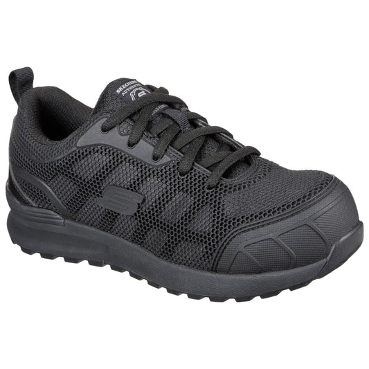 A black athletic shoe with a mesh upper and rubber sole is positioned at an angle showing its laces and padded collar highlighting its lightweight and breathable design ideal for active use.