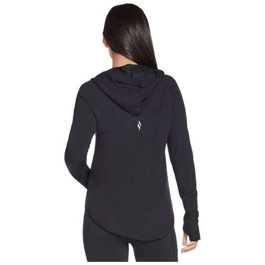 A black hooded sweatshirt is worn by a person, showing the back view, with the context suggesting a casual or athletic setting. The fabric appears comfortable and fitted.