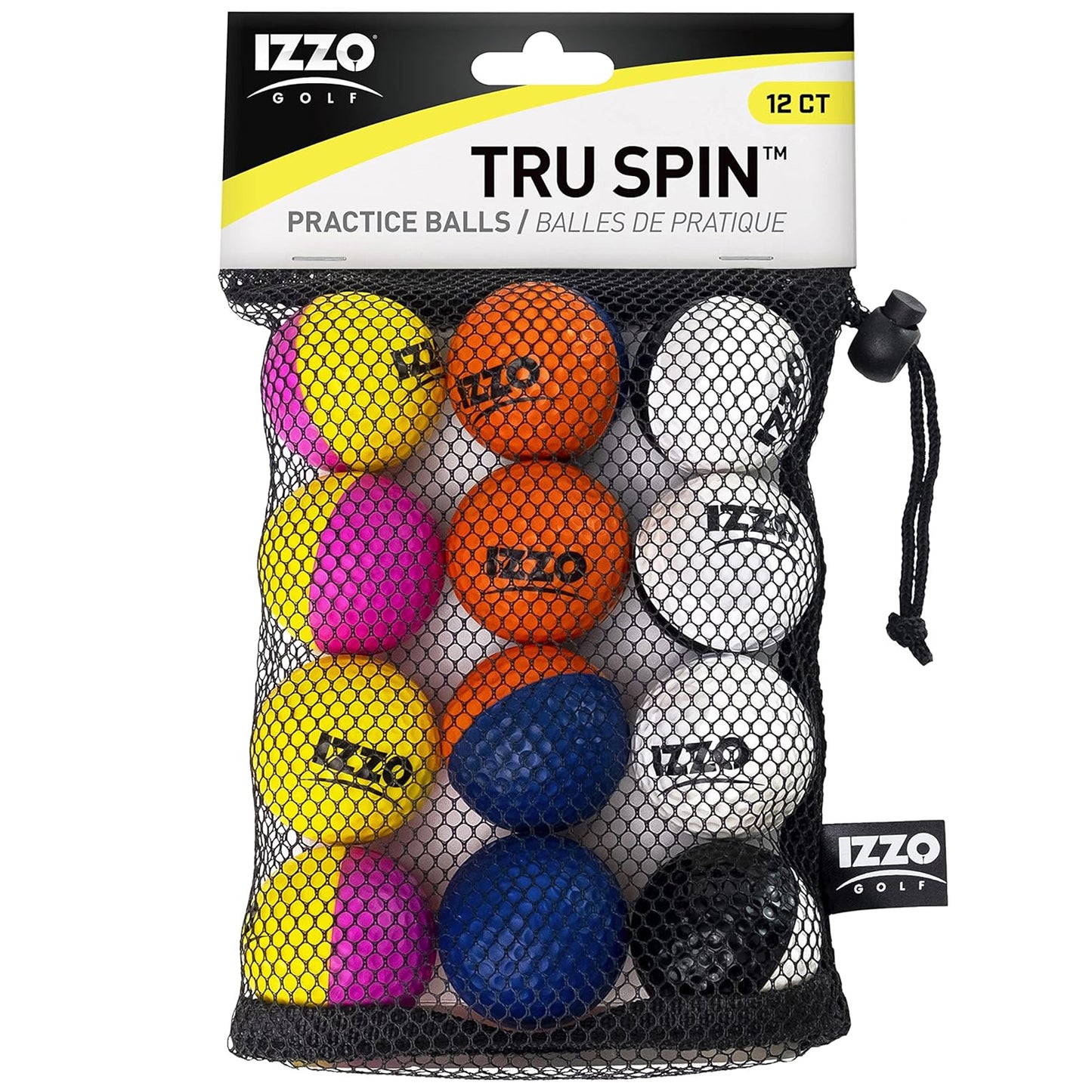 A collection of colorful textured balls in a variety of bright colors is partially displayed with some contained in a black mesh bag resting beside them.