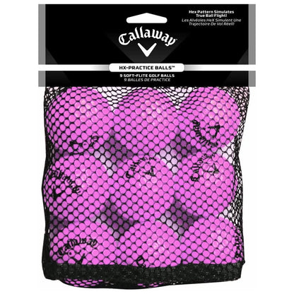A mesh bag contains nine pink soft-flite golf practice balls labeled with the Callaway brand the balls are designed for practice simulations of true ball flight