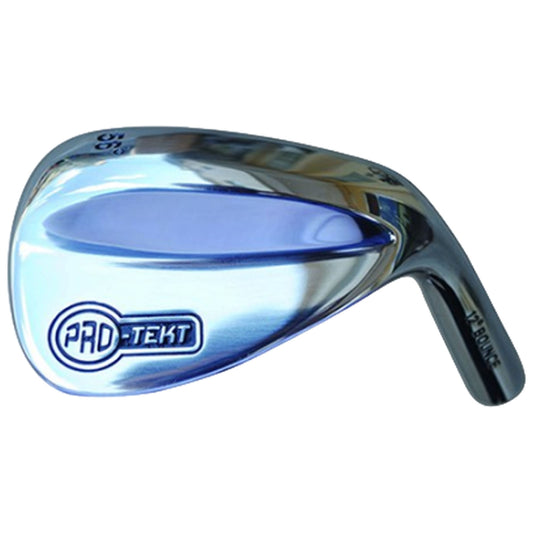 A shiny metal golf wedge displays the logo "PRO-TEKT" on its face while angled to the side reflecting its surroundings, showcasing its design for improving short game performance.