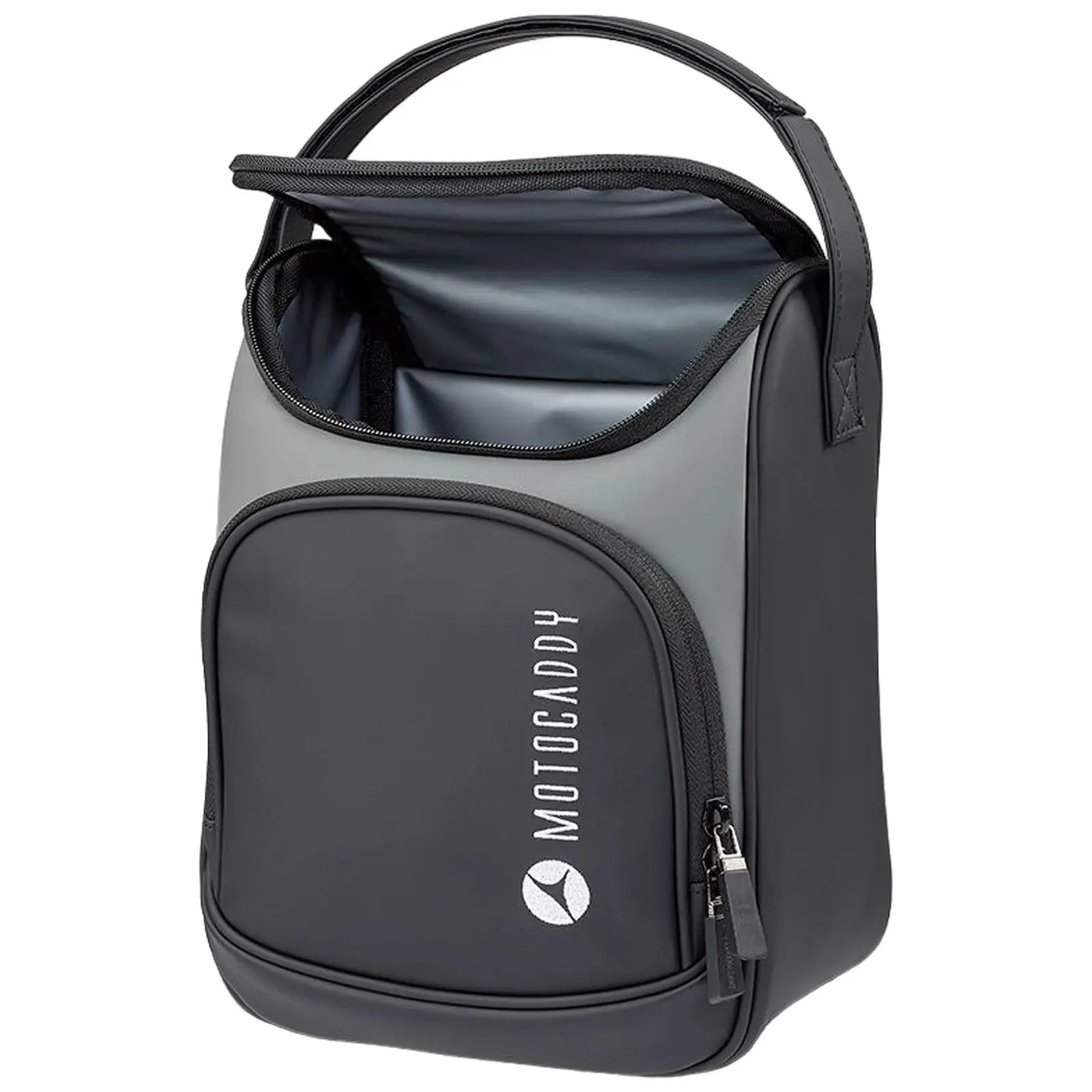 A small insulated golf bag in black and gray sits upright with an open top showing its interior A front zipped pocket features the brand name MOTOCADDY
