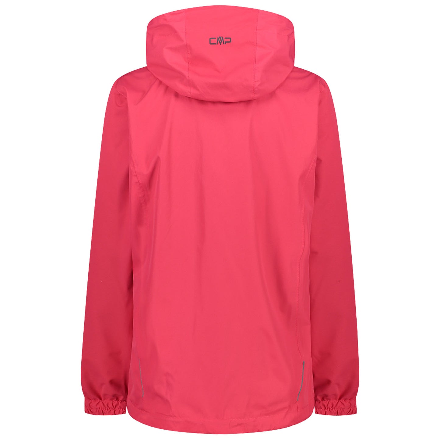 A bright pink jacket with a hood hangs upright displaying elastic cuffs and a back view with a logo positioned near the neck area against a plain background.