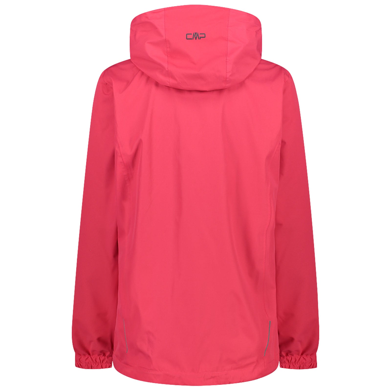 A bright pink jacket with a hood hangs upright displaying elastic cuffs and a back view with a logo positioned near the neck area against a plain background.