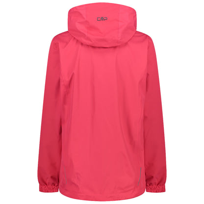 A bright pink jacket with a hood hangs upright displaying elastic cuffs and a back view with a logo positioned near the neck area against a plain background.