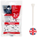 A pack of white wooden golf tees is displayed featuring multiple tees inside a clear plastic packaging with red and blue branding indicating size and product information including a QR code and the text White Wooden Tees Extra length for oversize drivers