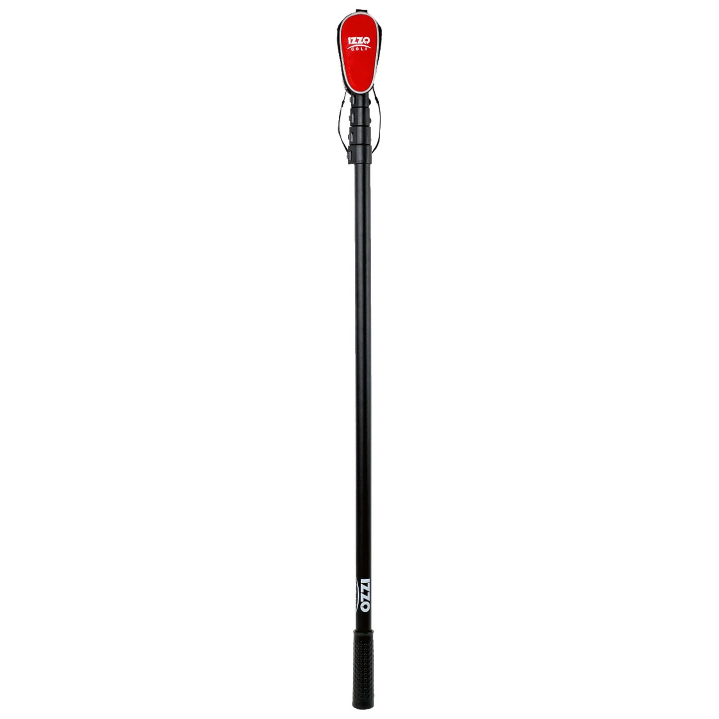 A black golf putter with a red head and a textured grip stands upright against a plain background showcasing its design and brand markings without any visible context or action.