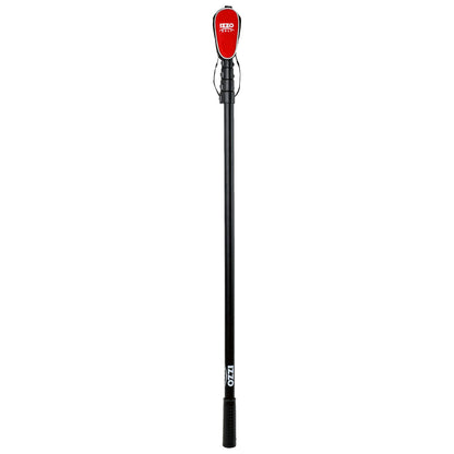 A black golf putter with a red head and a textured grip stands upright against a plain background showcasing its design and brand markings without any visible context or action.