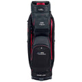 A black and red golf bag stands upright displaying multiple compartments for clubs and accessories featuring branding labels DRI TECH and MAG-LOK on its exterior.