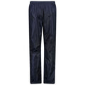 Black waterproof pants are displayed standing upright showing a smooth texture and an elastic waistband without any visible features or background context.