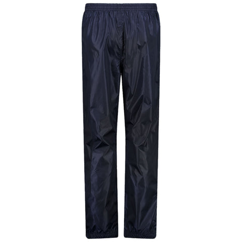 Black waterproof pants are displayed standing upright showing a smooth texture and an elastic waistband without any visible features or background context.