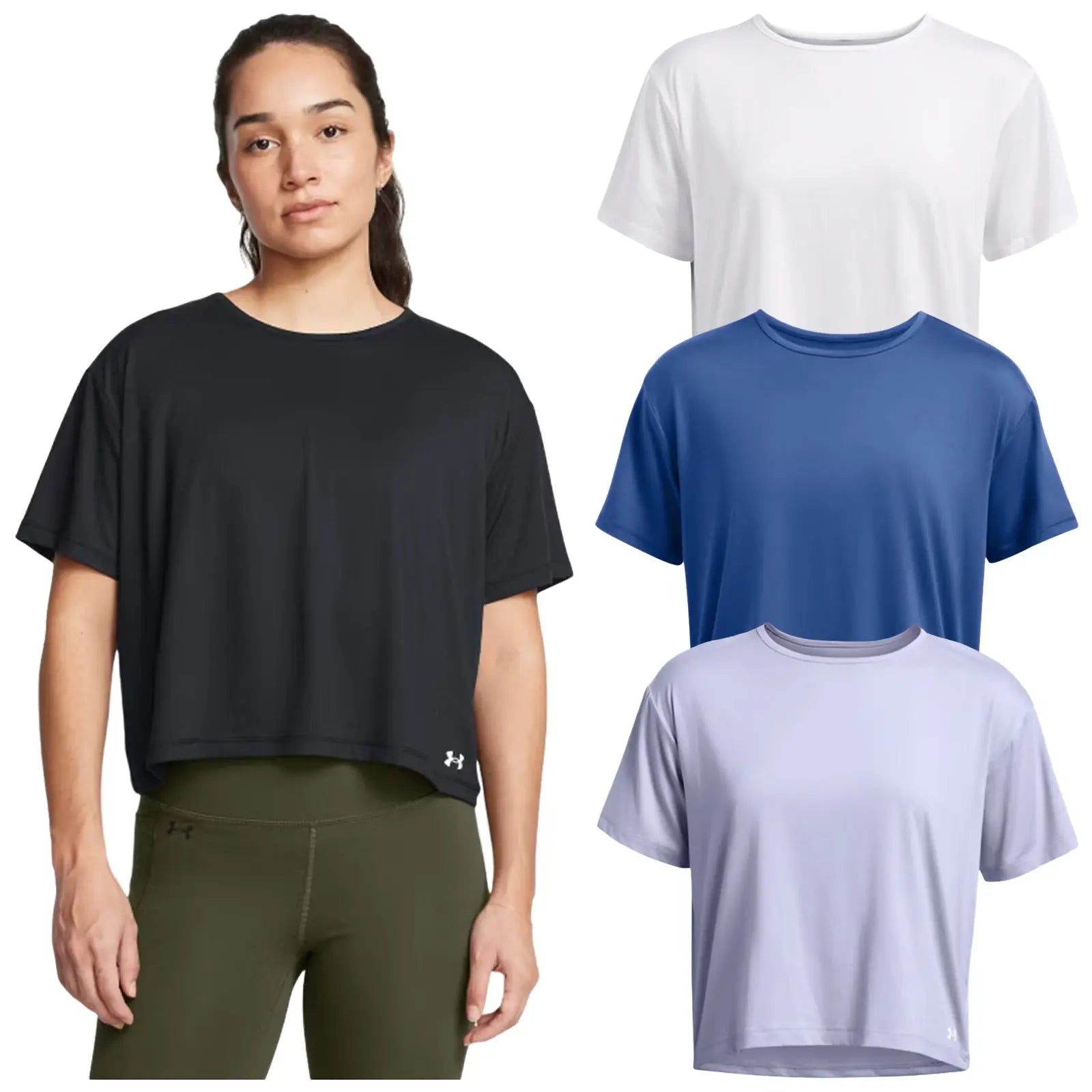 A young woman wears a black short-sleeved athletic shirt paired with green leggings while standing among three other t-shirt colors: white blue and light gray on a neutral background.
