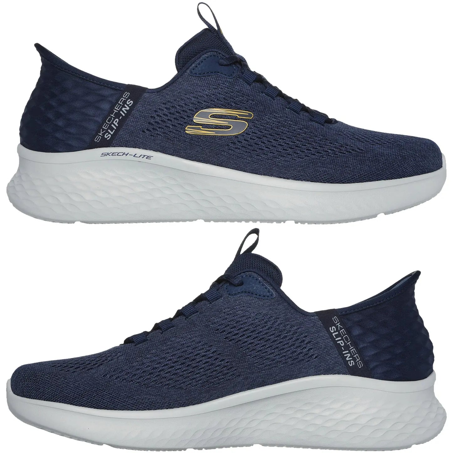 A pair of navy blue athletic shoes features a slip-on design with a textured upper and a thick white sole ideal for casual and active wear.