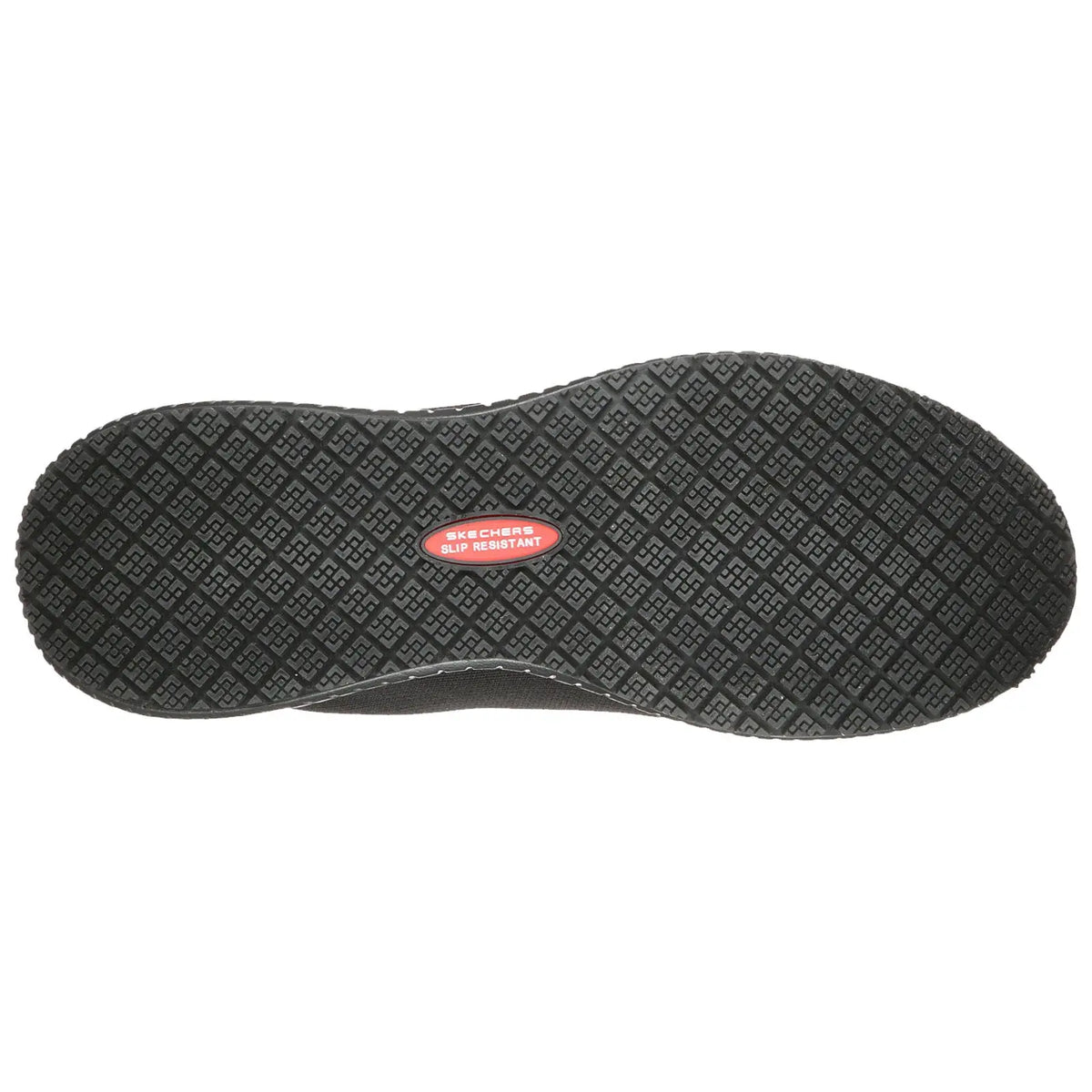 Black sole with a textured pattern is positioned flat against a white background showcasing its slip-resistant feature highlighted by a red label reading SKETCHERS SLIP RESISTANT
