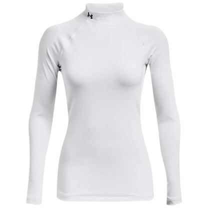 A white long-sleeve athletic top with a high collar is displayed front facing featuring a logo on the neckline designed for activewear and suitable for sports or outdoor activities.