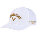 A flat-brimmed white golf cap features golden embroidered text spelling "Callaway" and "CHROME TOUR" along with a logo on the front, suitable for sun protection during golf activities.