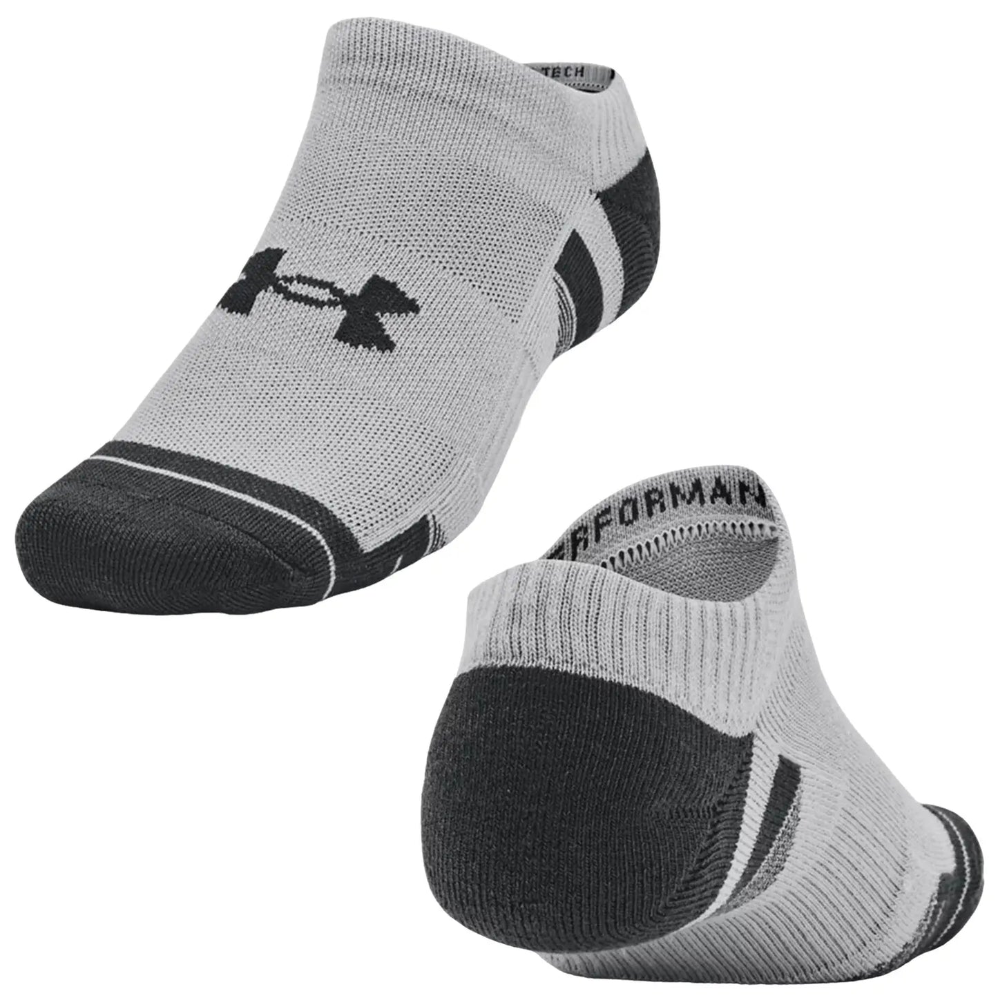 Gray athletic socks are displayed in multiple angles showcasing their design and fabric texture while a black logo is visible on the side indicating brand identity.