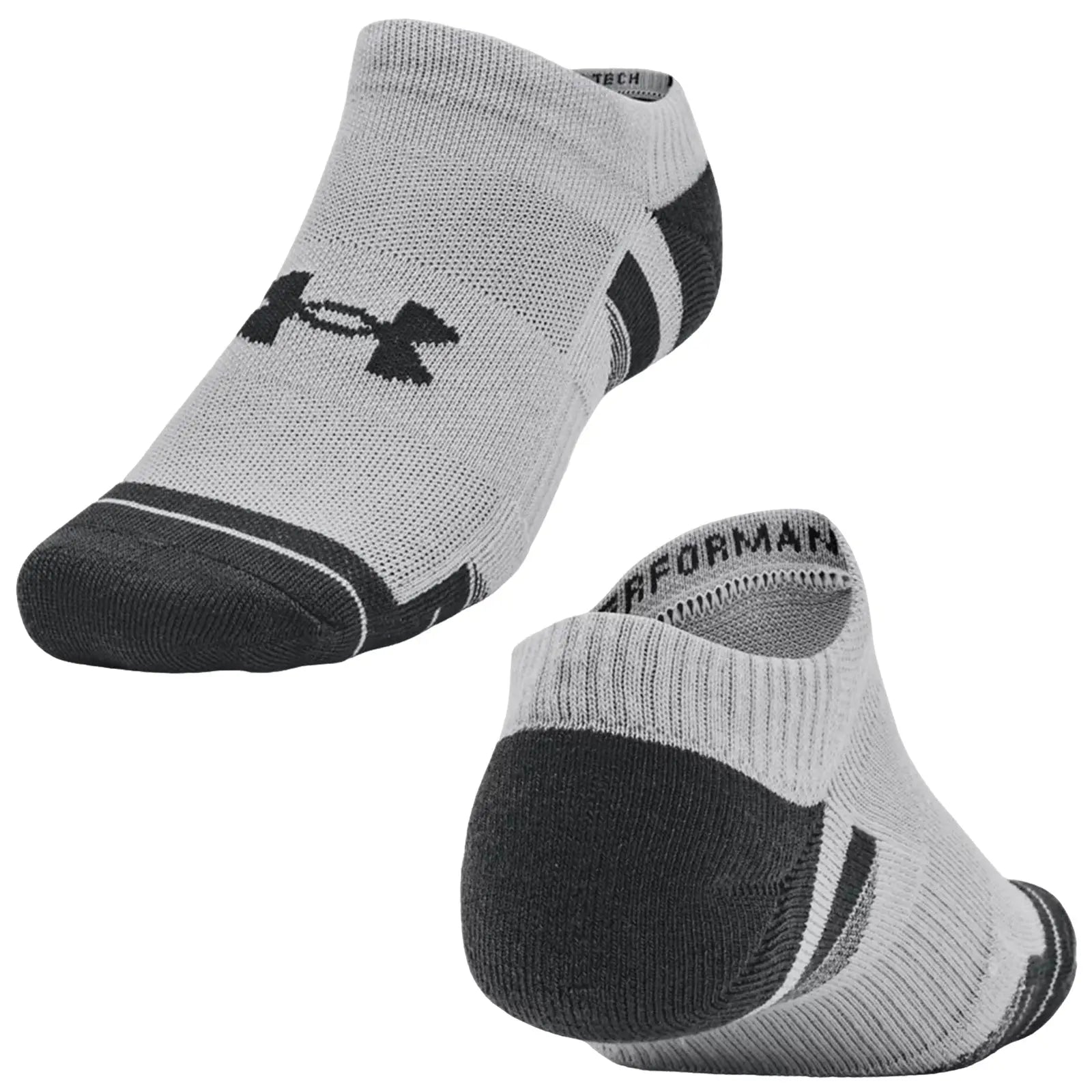 Gray athletic socks are displayed in multiple angles showcasing their design and fabric texture while a black logo is visible on the side indicating brand identity.