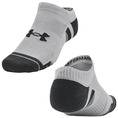 Gray athletic socks are displayed in multiple angles showcasing their design and fabric texture while a black logo is visible on the side indicating brand identity.