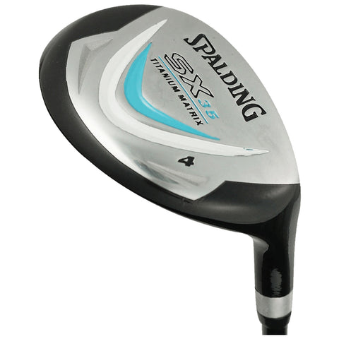 A golf club head is angled slightly with a shiny metallic surface labeled Spalding SX 35 Titanium Matrix designed for a four-iron golf club used on a grass course.