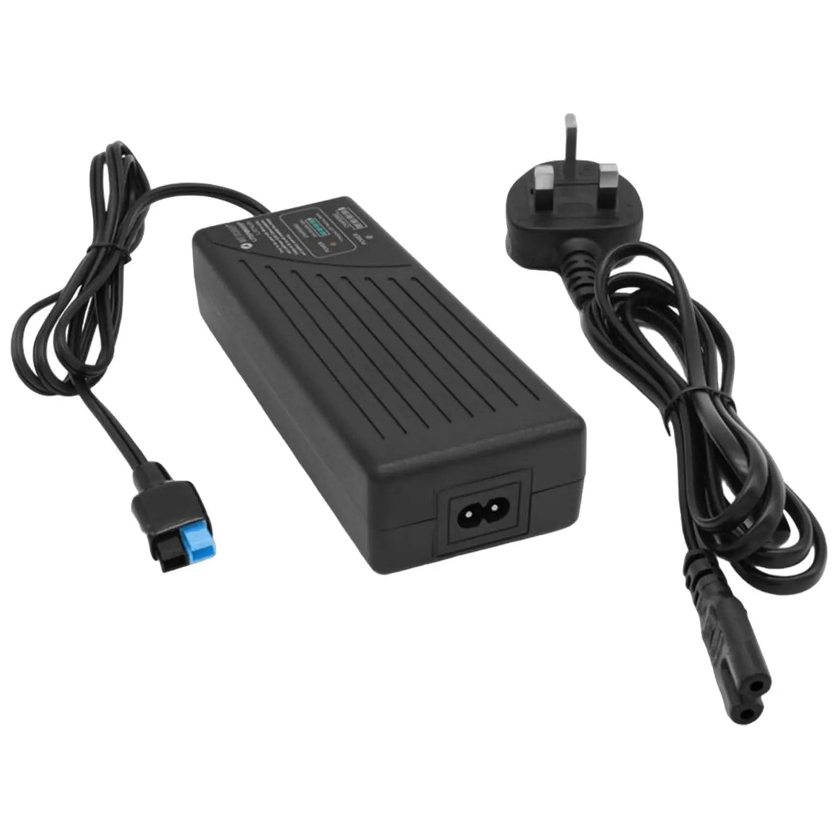 A black power adapter is positioned horizontally with two connected cables one with a blue and black connector and the other with a standard plug for wall sockets.
