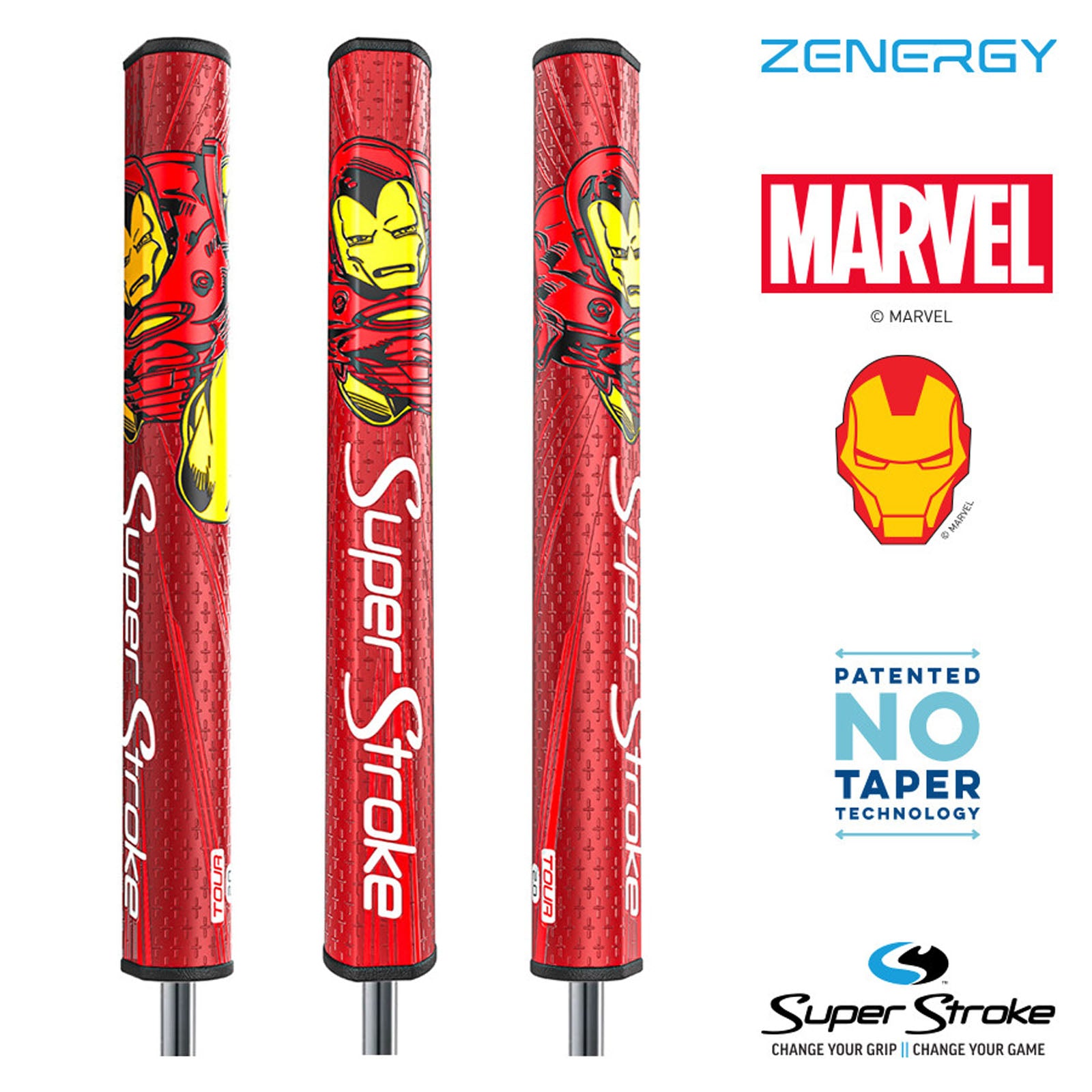 Three golf club grips are displayed prominently featuring a red and yellow Iron Man design with "SuperStroke" branding while logos for Zenergy and Marvel are shown alongside.