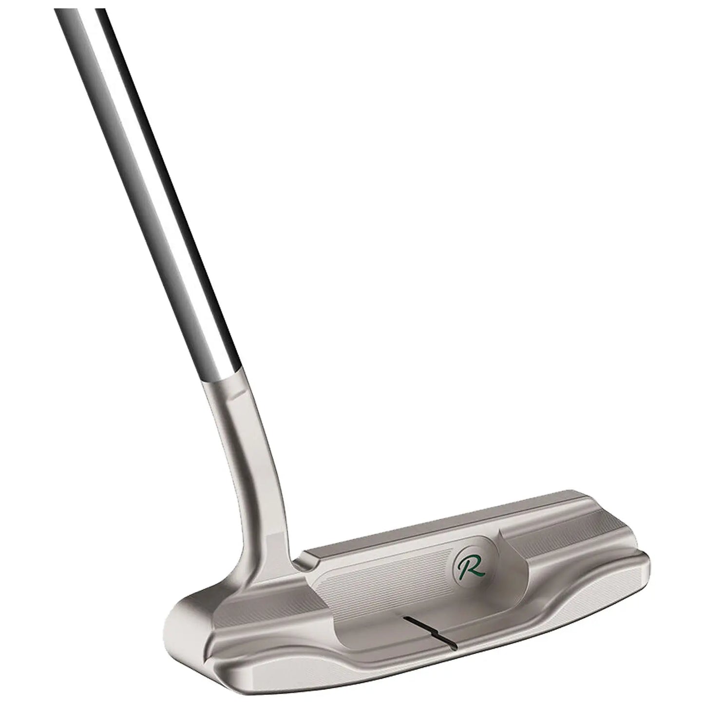 A golf putter is positioned upright with a shiny metallic shaft and a flat silver head featuring grooves and a logo on its side, typically used on a green.