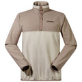 A brown and cream fleece pullover features a half-zip collar and long sleeves with a logo on the upper left side, suitable for outdoor or casual wear.