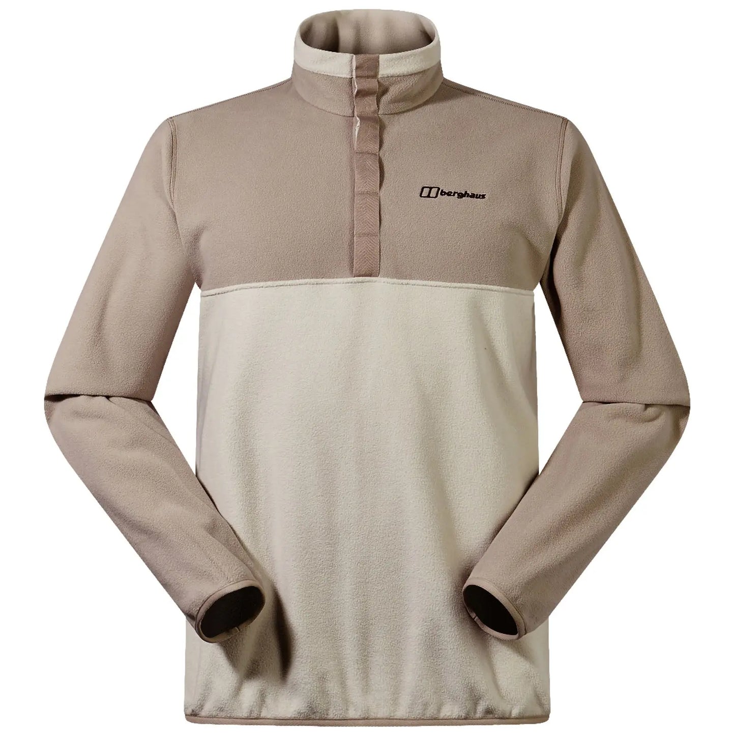 A brown and cream fleece pullover features a half-zip collar and long sleeves with a logo on the upper left side, suitable for outdoor or casual wear.