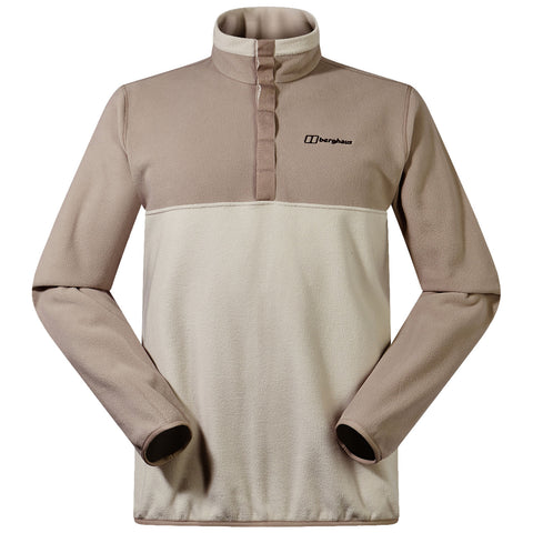 A brown and cream fleece pullover features a half-zip collar and long sleeves with a logo on the upper left side, suitable for outdoor or casual wear.