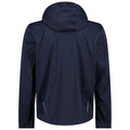 A navy blue jacket with a hood hangs vertically displaying its back side with long sleeves and side zippered pockets emphasizing a sleek and modern design suitable for various casual or outdoor settings
