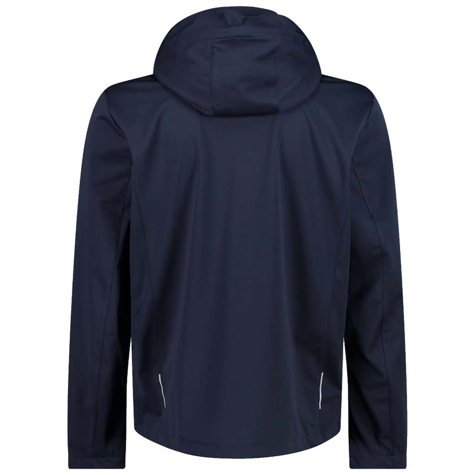 A navy blue jacket with a hood hangs vertically displaying its back side with long sleeves and side zippered pockets emphasizing a sleek and modern design suitable for various casual or outdoor settings