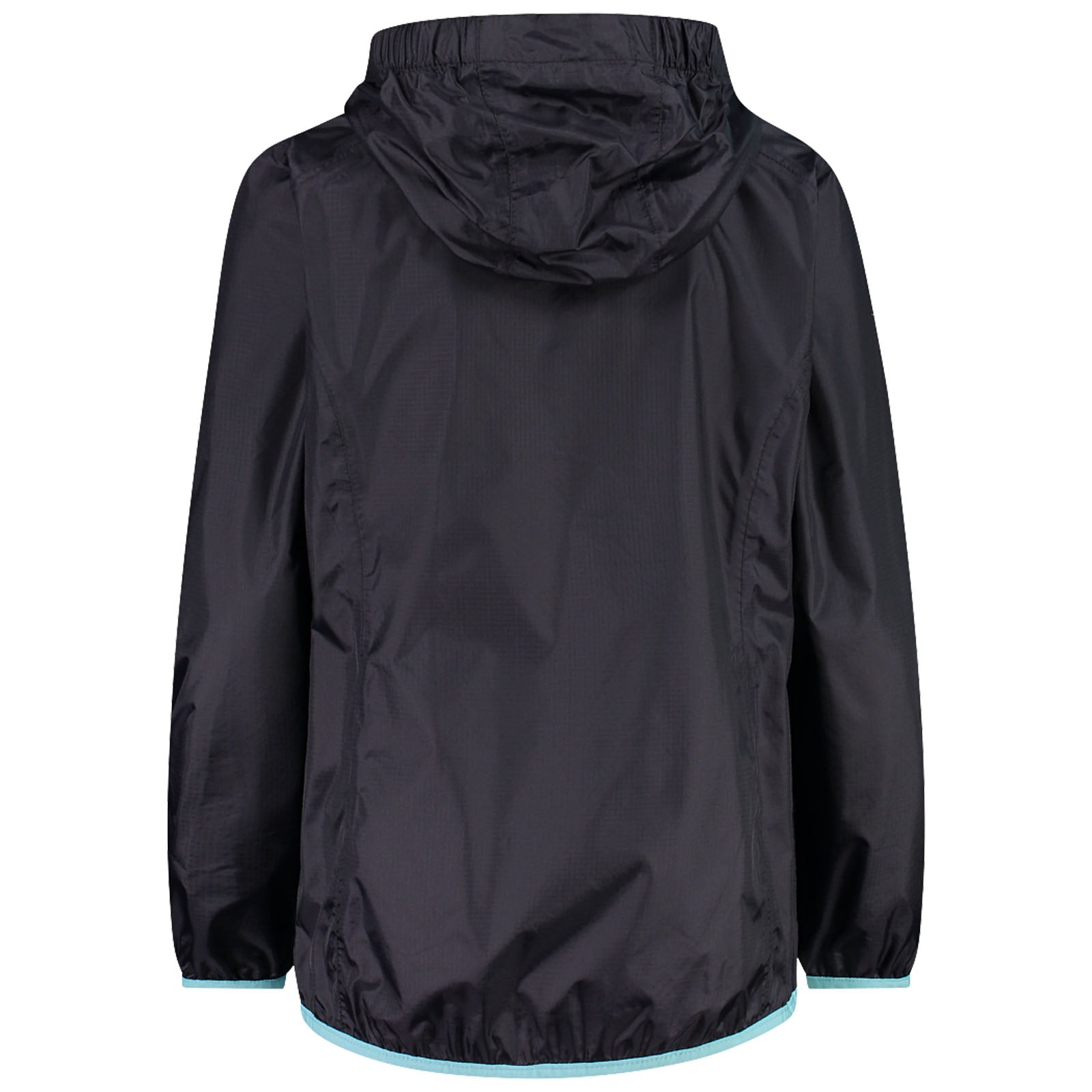 A black hooded jacket hangs upright displaying a loose fit with elastic cuffs and a contrasting light blue hem in a neutral background emphasizing its simple design and functionality.