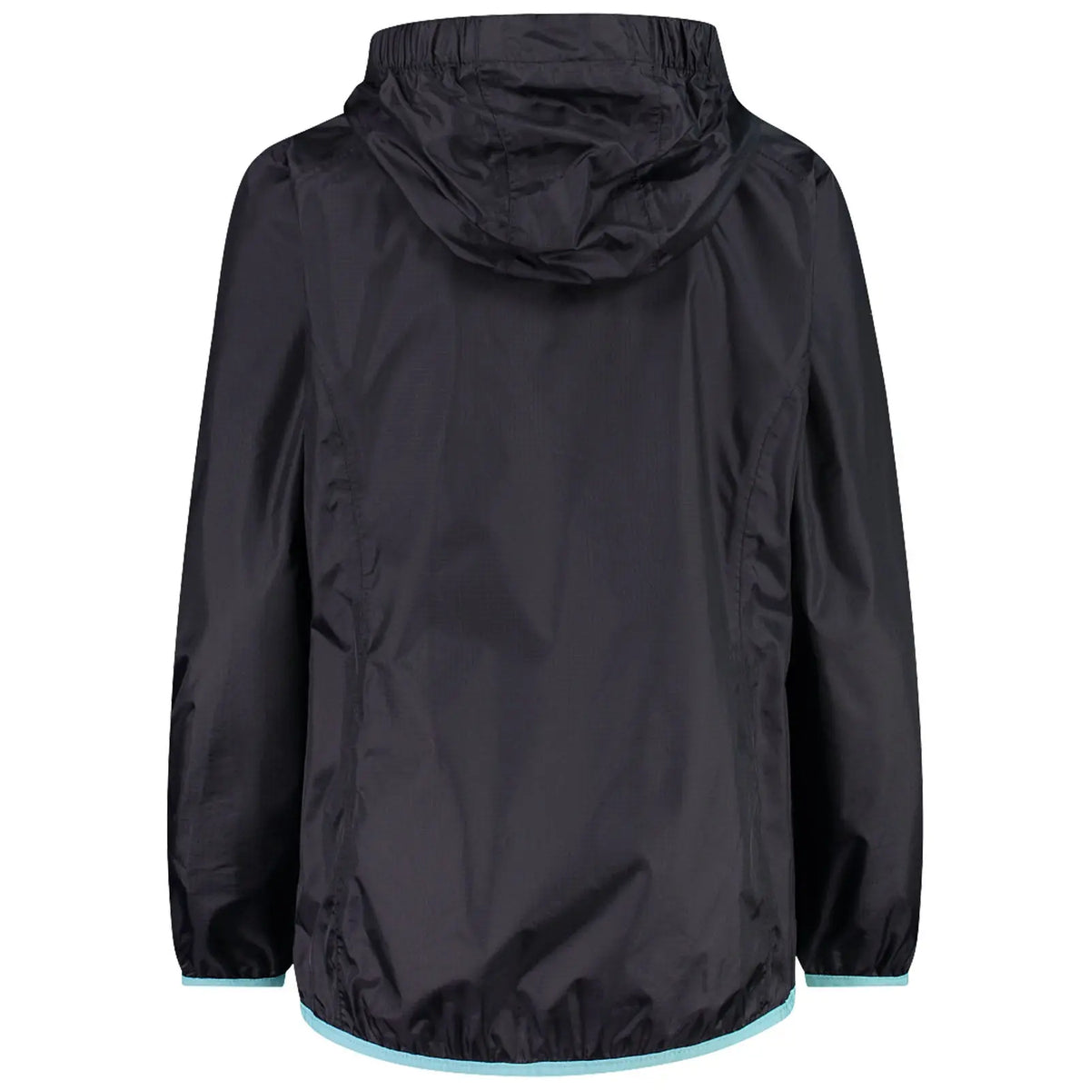 A black hooded jacket hangs upright displaying a loose fit with elastic cuffs and a contrasting light blue hem in a neutral background emphasizing its simple design and functionality.