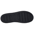 A black shoe sole is displayed facing upward showing a textured pattern designed for traction with the word Skechers embossed in the center surrounded by a smooth outline.