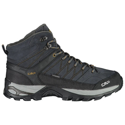 A black hiking boot stands upright showcasing a textured waterproof surface and prominent laces The sturdy sole and ankle support suggest functionality for outdoor activities in varied terrains