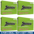 Four boxes of Srixon golf balls are displayed in a grid format. Each box is bright green with the text Soft Feel and includes promotional text for a buy three get one free deal.