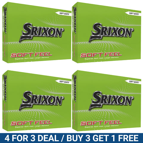 Four boxes of Srixon golf balls are displayed in a grid format. Each box is bright green with the text Soft Feel and includes promotional text for a buy three get one free deal.