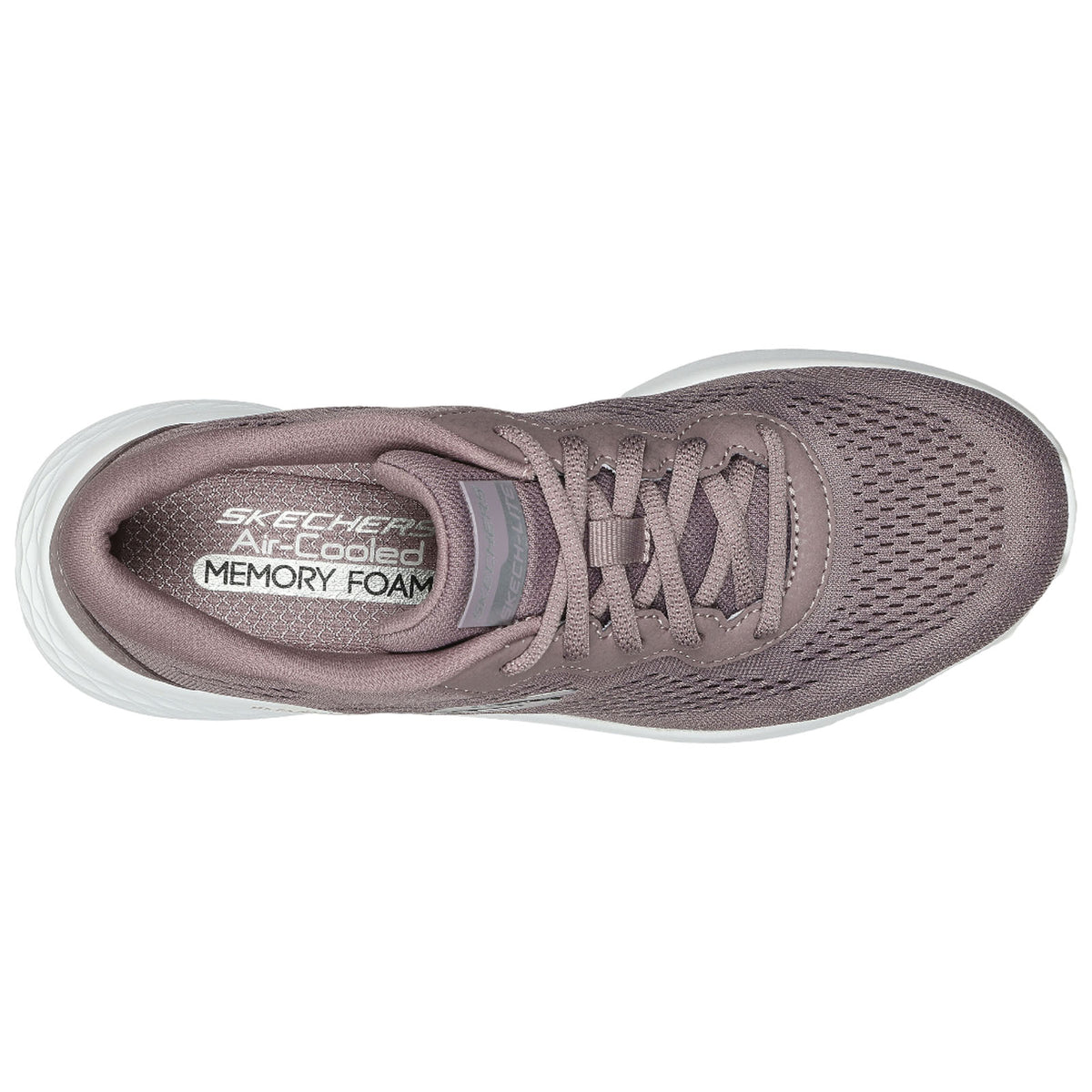 A brown athletic shoe features a mesh upper and a cushioned sole displaying the text Skechers Air Cooled Memory Foam which suggests comfort and breathability in a casual context.
