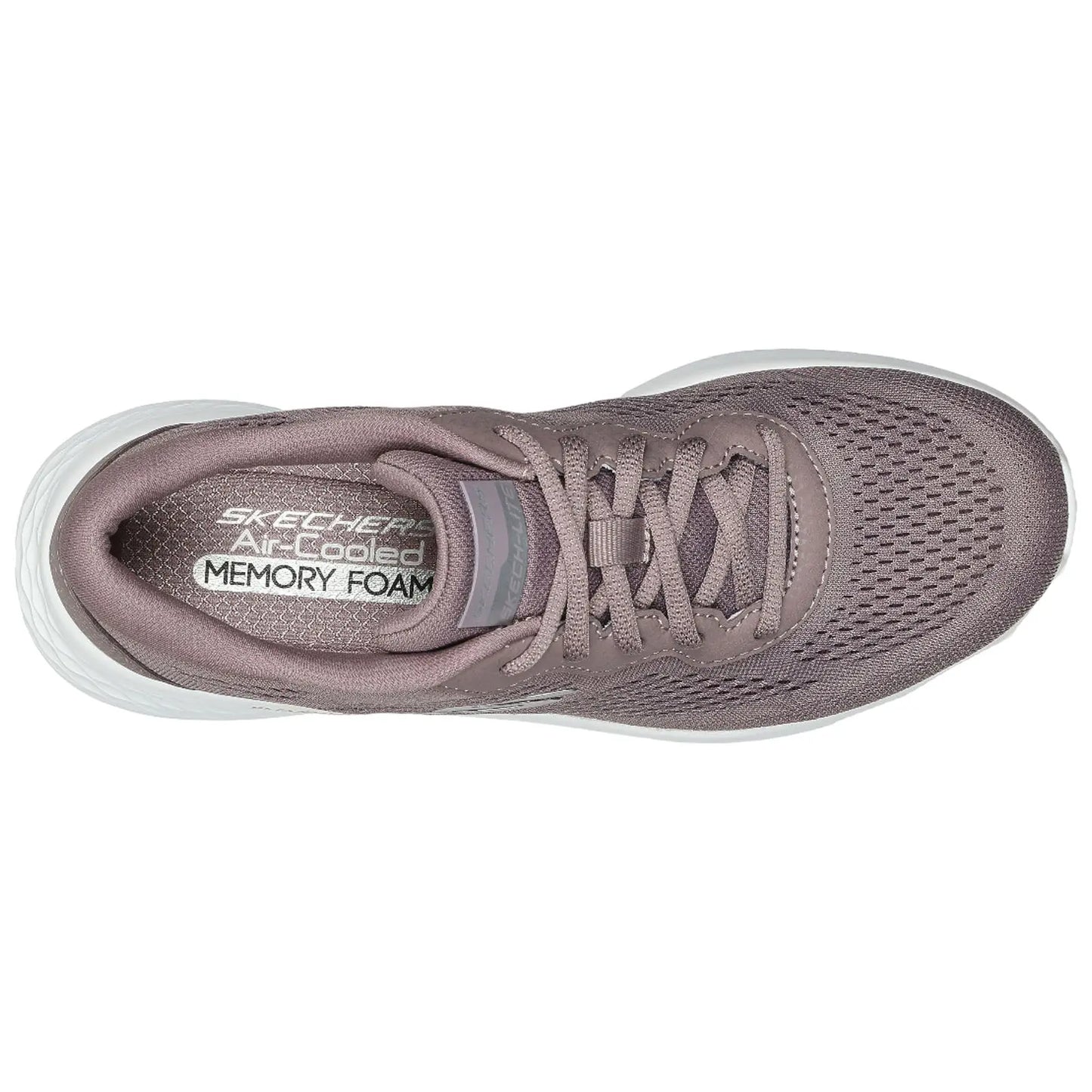 A brown athletic shoe features a mesh upper and a cushioned sole displaying the text Skechers Air Cooled Memory Foam which suggests comfort and breathability in a casual context.