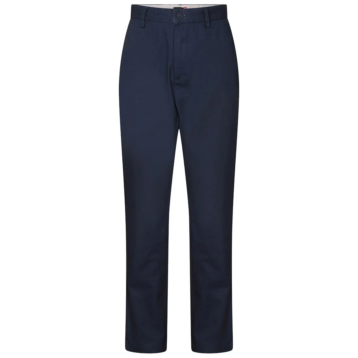Navy blue trousers stand upright against a plain background showcasing a straight-leg style with a button closure at the waist and side pockets designed for casual or semi-formal wear.