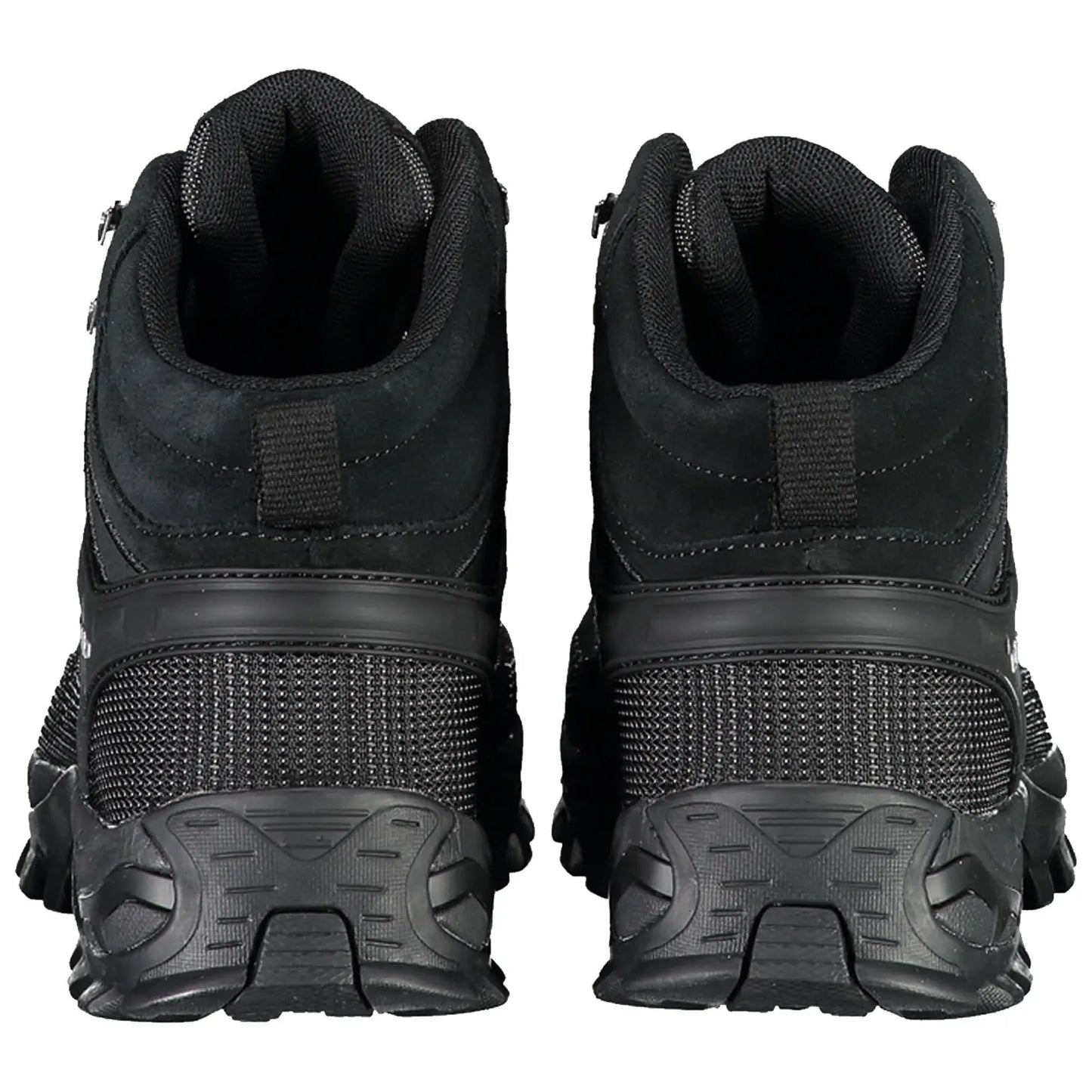 Black athletic shoes are positioned upright with a focus on their rear view showcasing textured material and padded collars in a neutral white background setting.