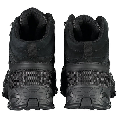 Black athletic shoes are positioned upright with a focus on their rear view showcasing textured material and padded collars in a neutral white background setting.